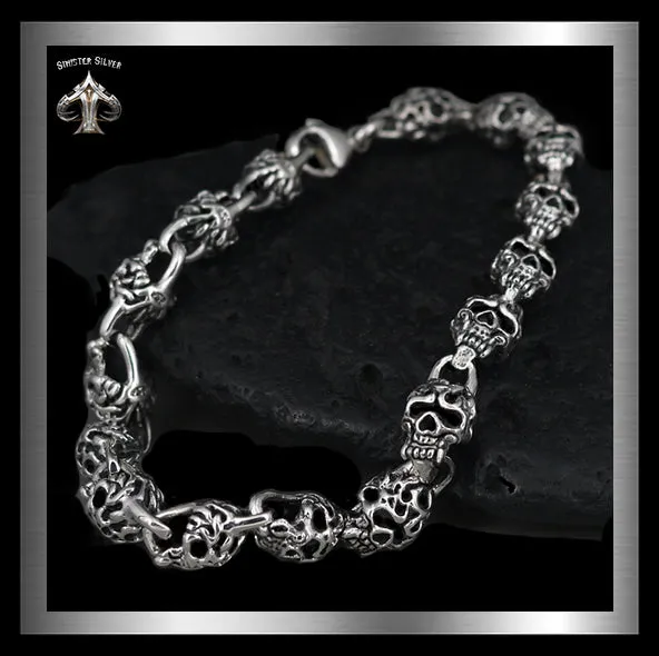 Biker Half Skull Bracelet In Sterling Silver