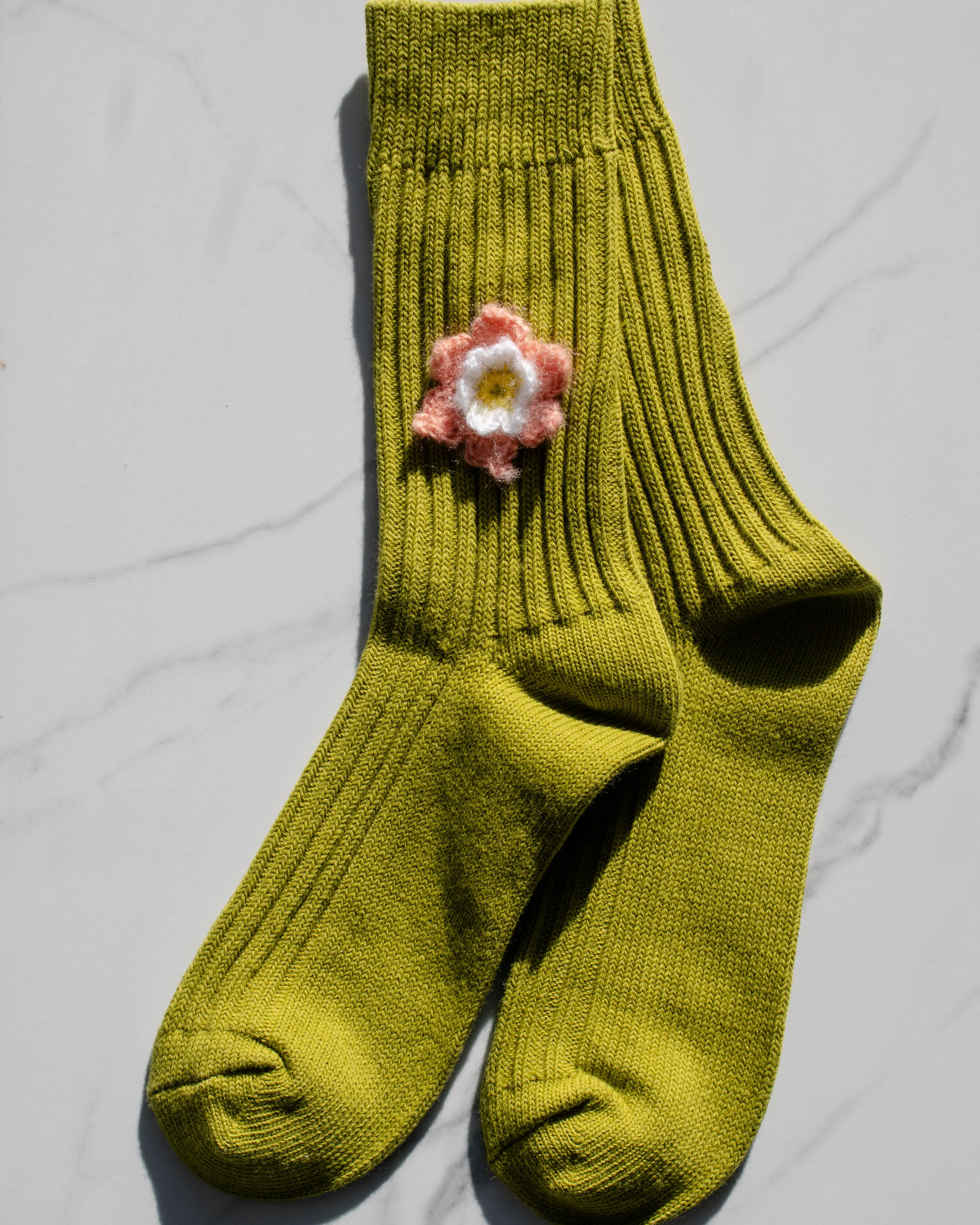 Billy Bamboo - Crochet Daffodil Cotton Ribbed Socks (Avocado)