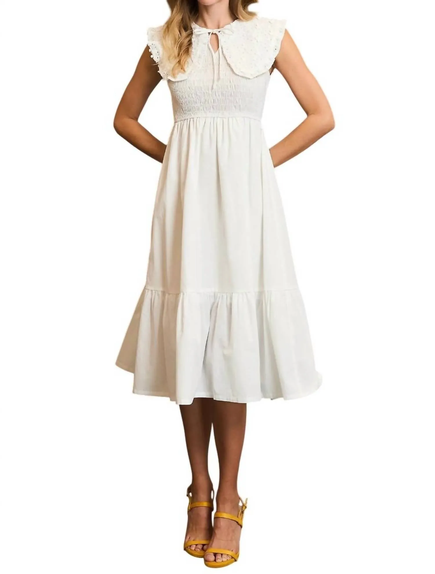 Collared Smocked Midi Dress In Off White