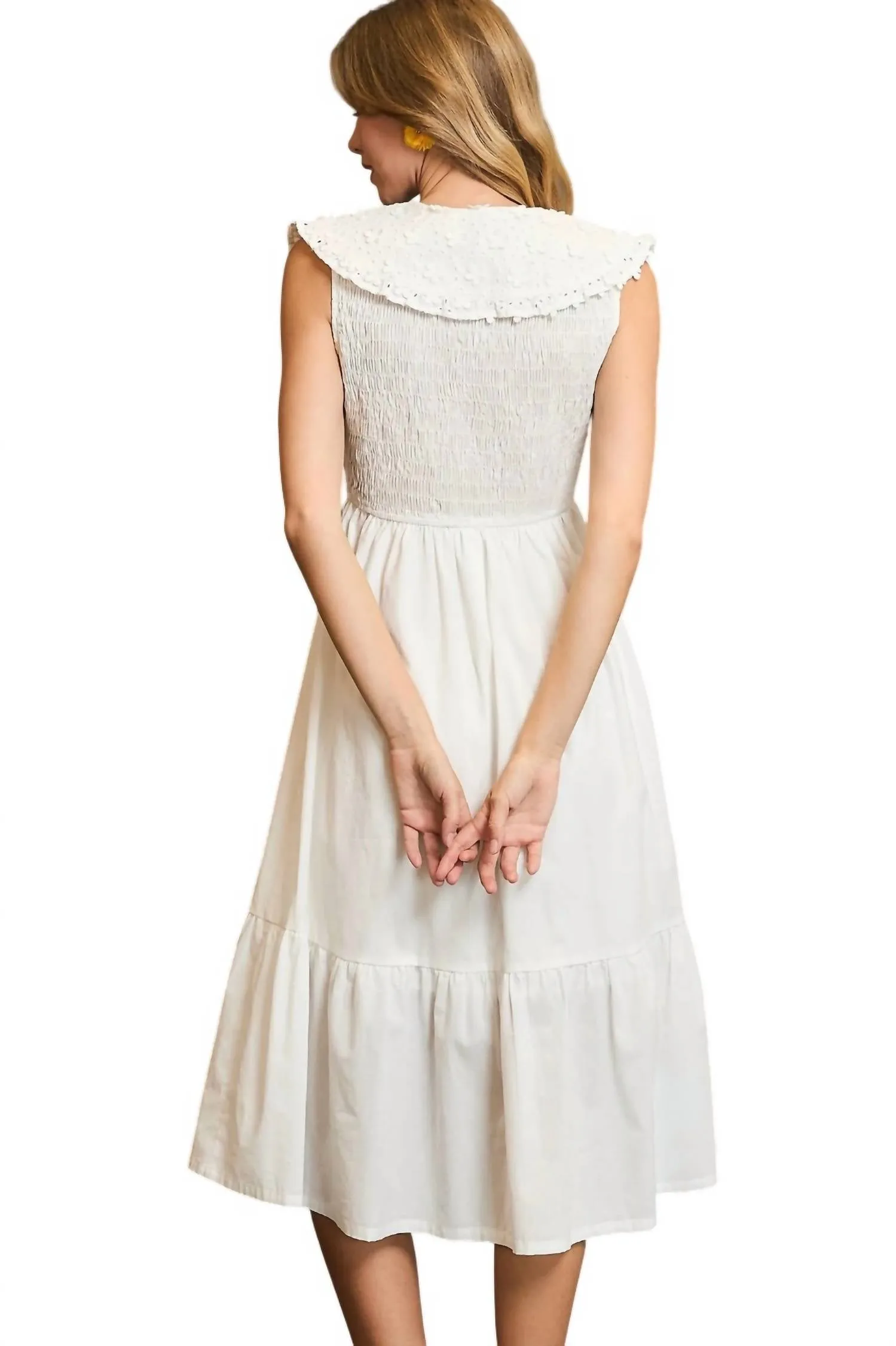 Collared Smocked Midi Dress In Off White