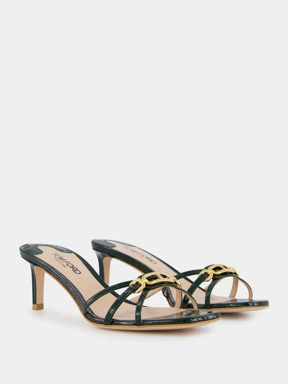 Dark Green Crocodile-Stamped Leather Mules