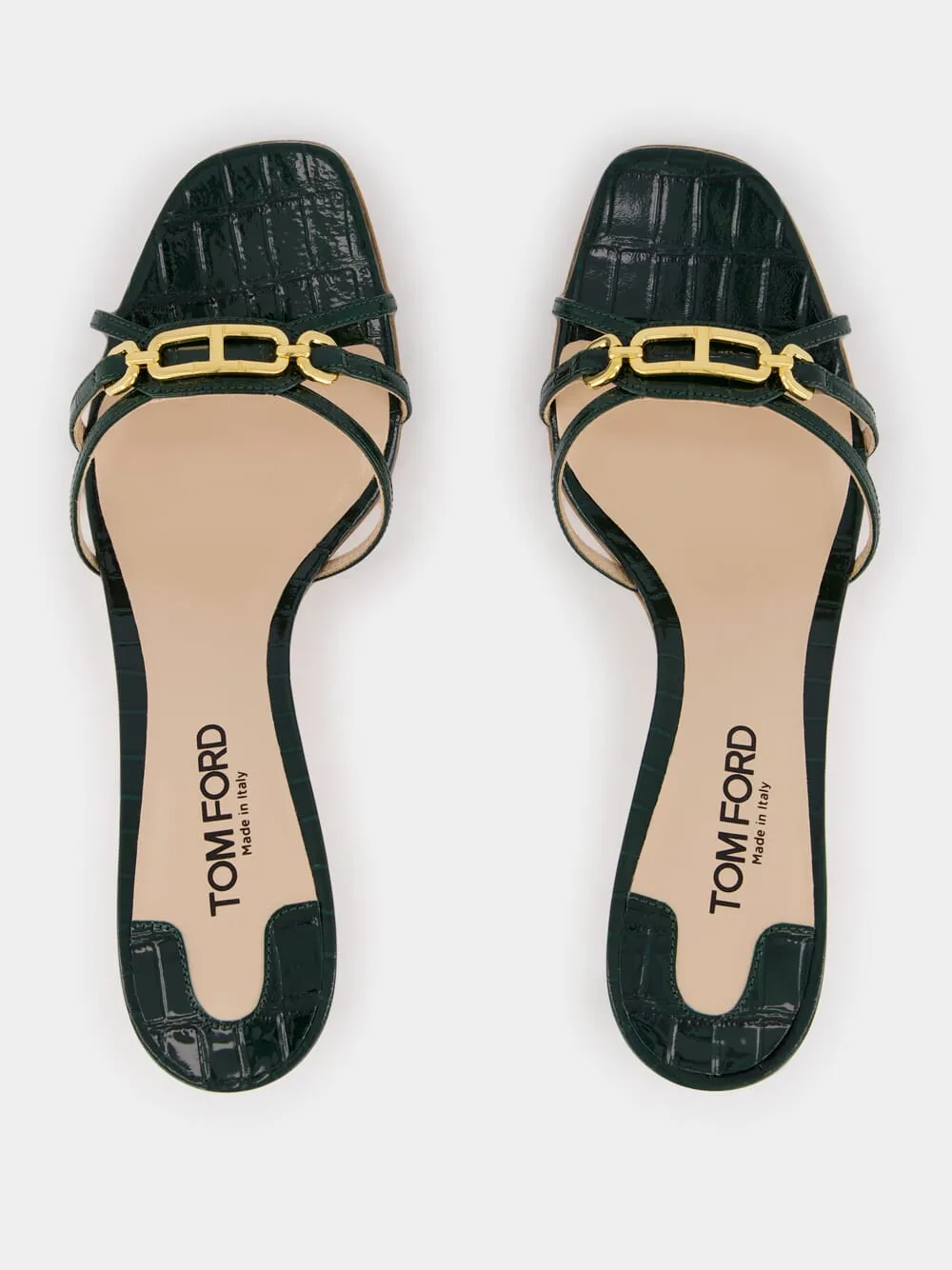 Dark Green Crocodile-Stamped Leather Mules