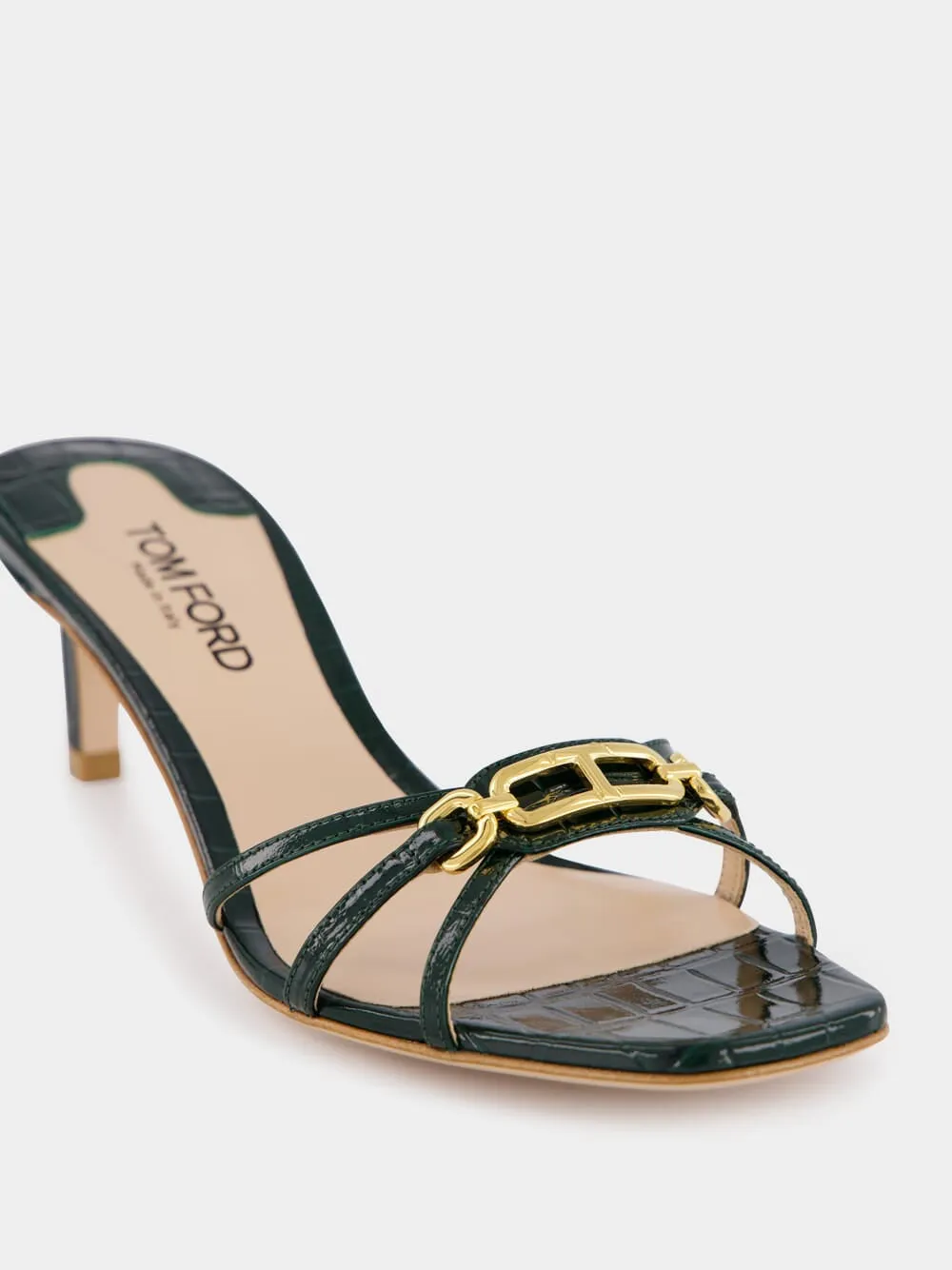Dark Green Crocodile-Stamped Leather Mules