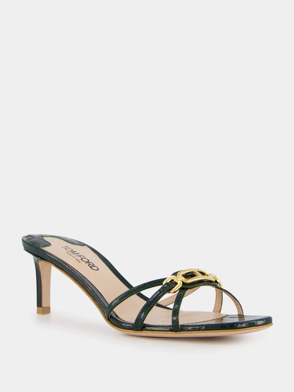 Dark Green Crocodile-Stamped Leather Mules