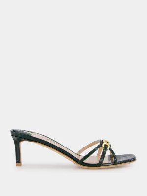 Dark Green Crocodile-Stamped Leather Mules