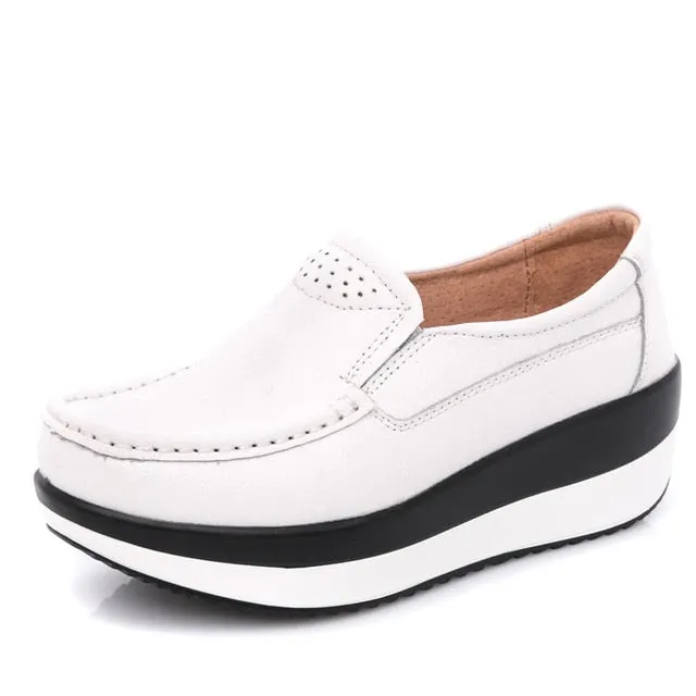 EOFK Spring Autumn Women Flats Platform Loafers Ladies Work Genuine Leather Comfort Soft Moccasins Nursing Slip On Casual Shoes