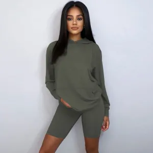 Hooded Sweatshirt Biker Short Matching Set - Army Green