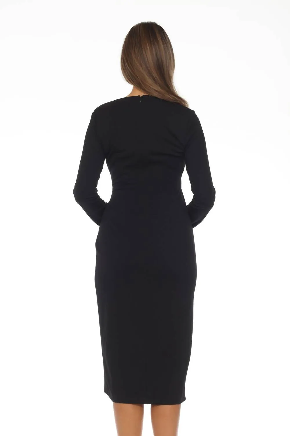 Knot Front Slit Midi Sheath Dress In Black