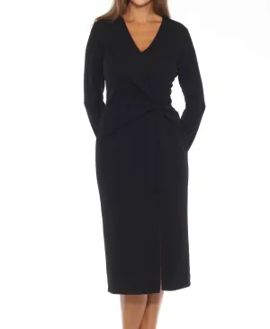 Knot Front Slit Midi Sheath Dress In Black