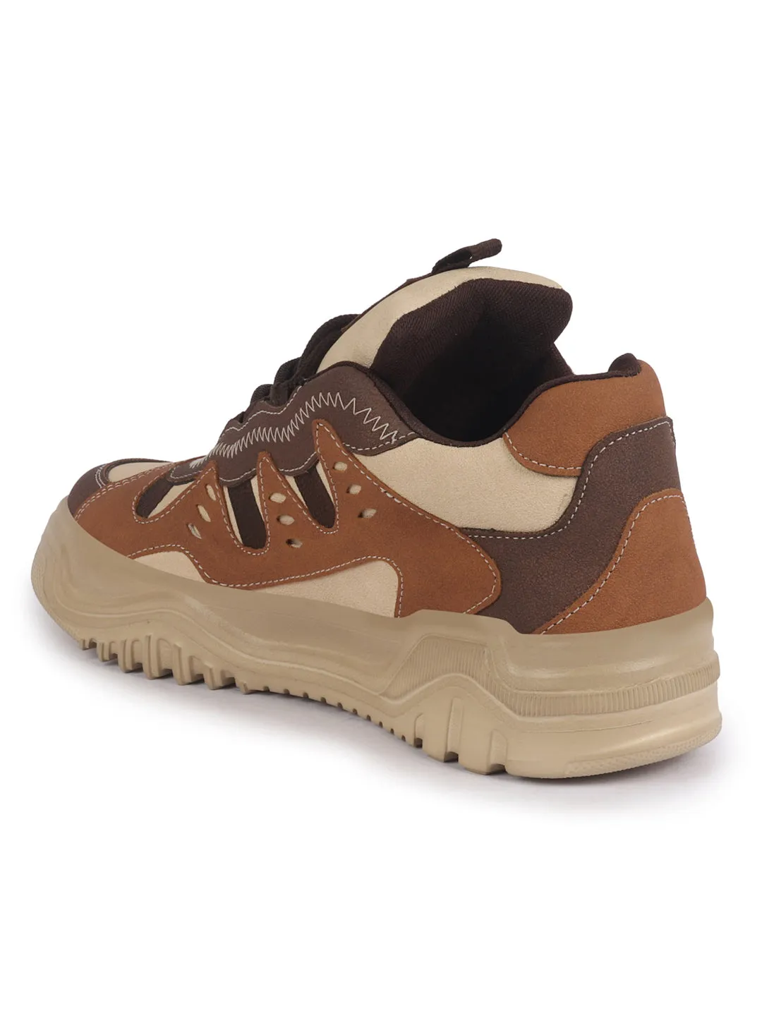 Men Brown Retro Design Colorblocked Athletic-Inspired Casual Chunky Sneaker | Mid-Top Streetwear Shoes With Rugged Sole