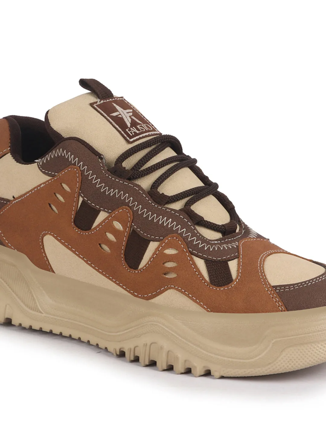 Men Brown Retro Design Colorblocked Athletic-Inspired Casual Chunky Sneaker | Mid-Top Streetwear Shoes With Rugged Sole