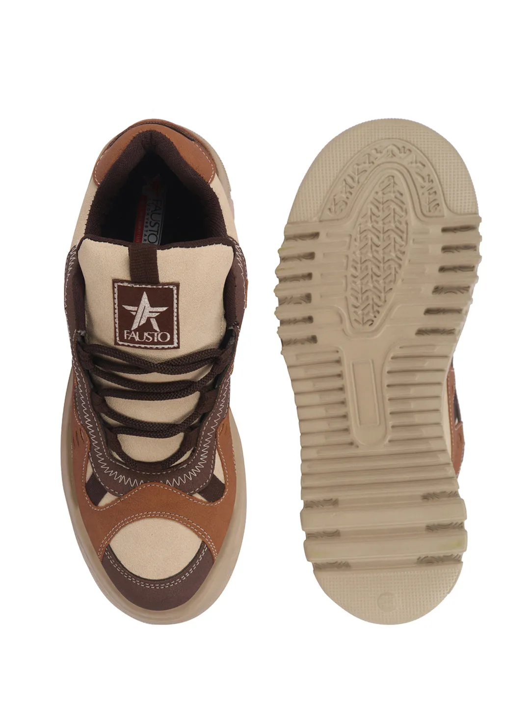 Men Brown Retro Design Colorblocked Athletic-Inspired Casual Chunky Sneaker | Mid-Top Streetwear Shoes With Rugged Sole