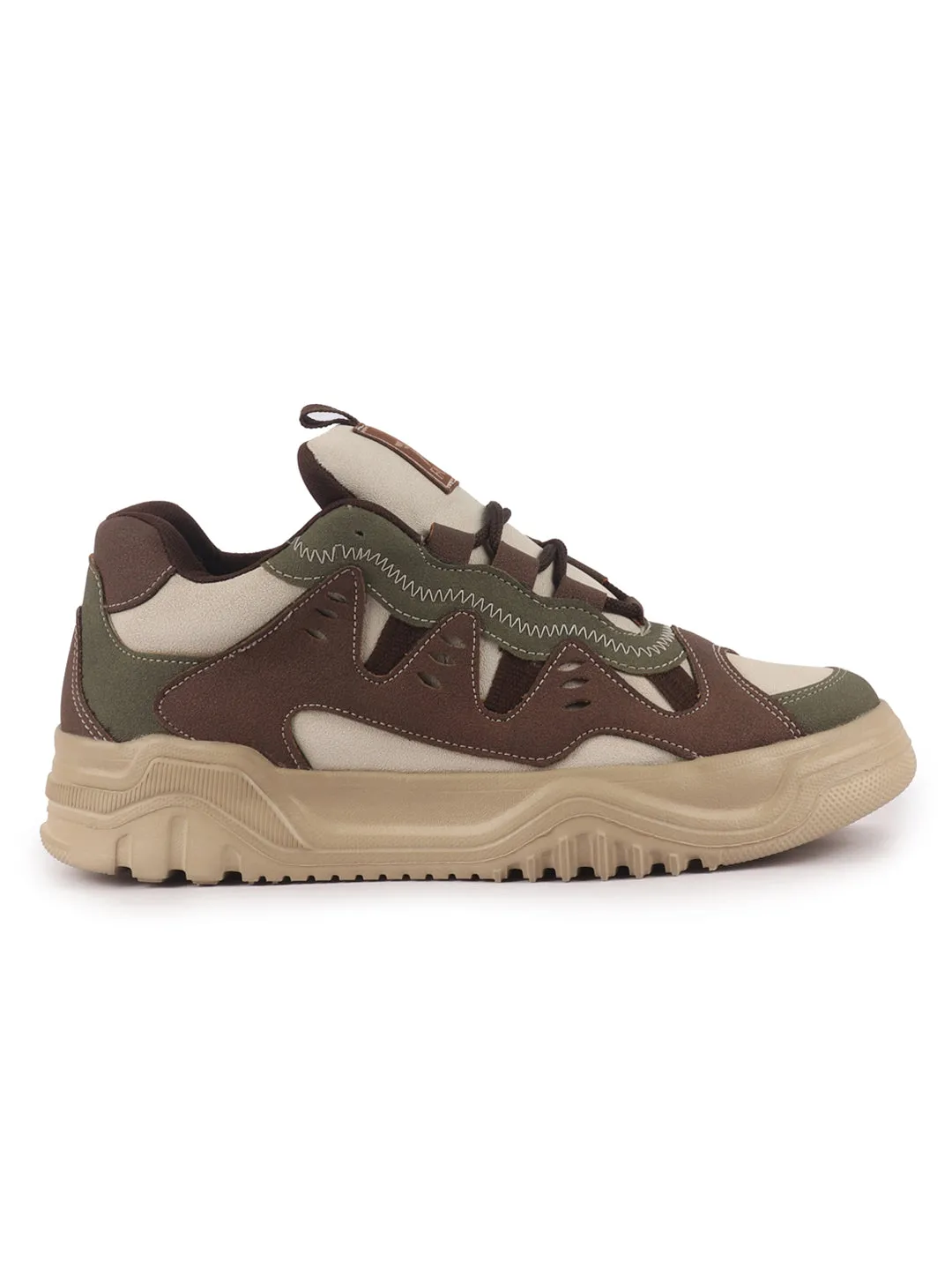 Men Olive Retro Design Colorblocked Athletic-Inspired Casual Chunky Sneaker | Mid-Top Streetwear Shoes With Rugged Sole