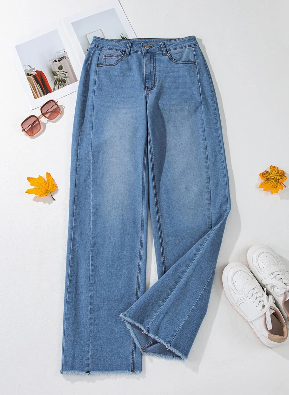Sidefeel Women's Wide Leg Jeans High Waisted Strechy Raw Hem Denim Pants
