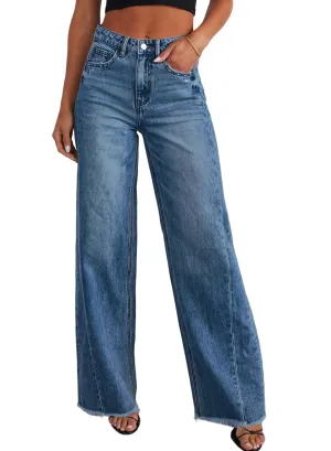Sidefeel Women's Wide Leg Jeans High Waisted Strechy Raw Hem Denim Pants