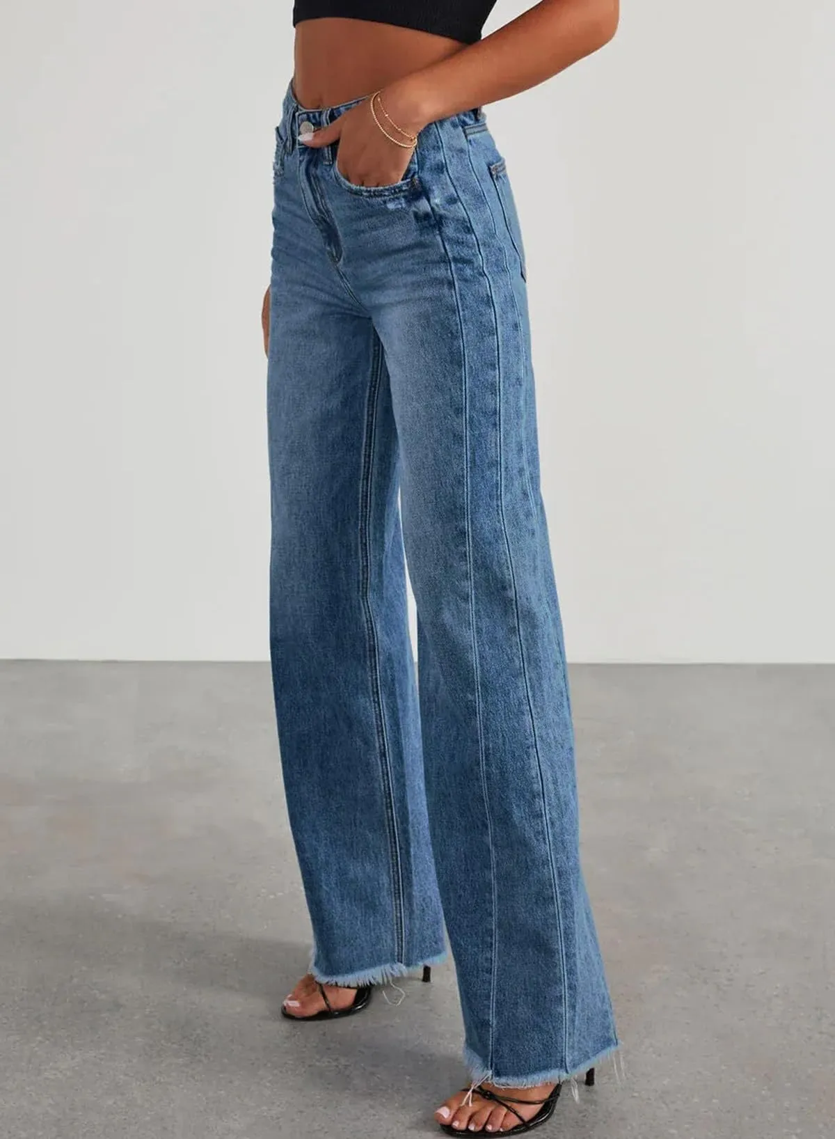 Sidefeel Women's Wide Leg Jeans High Waisted Strechy Raw Hem Denim Pants