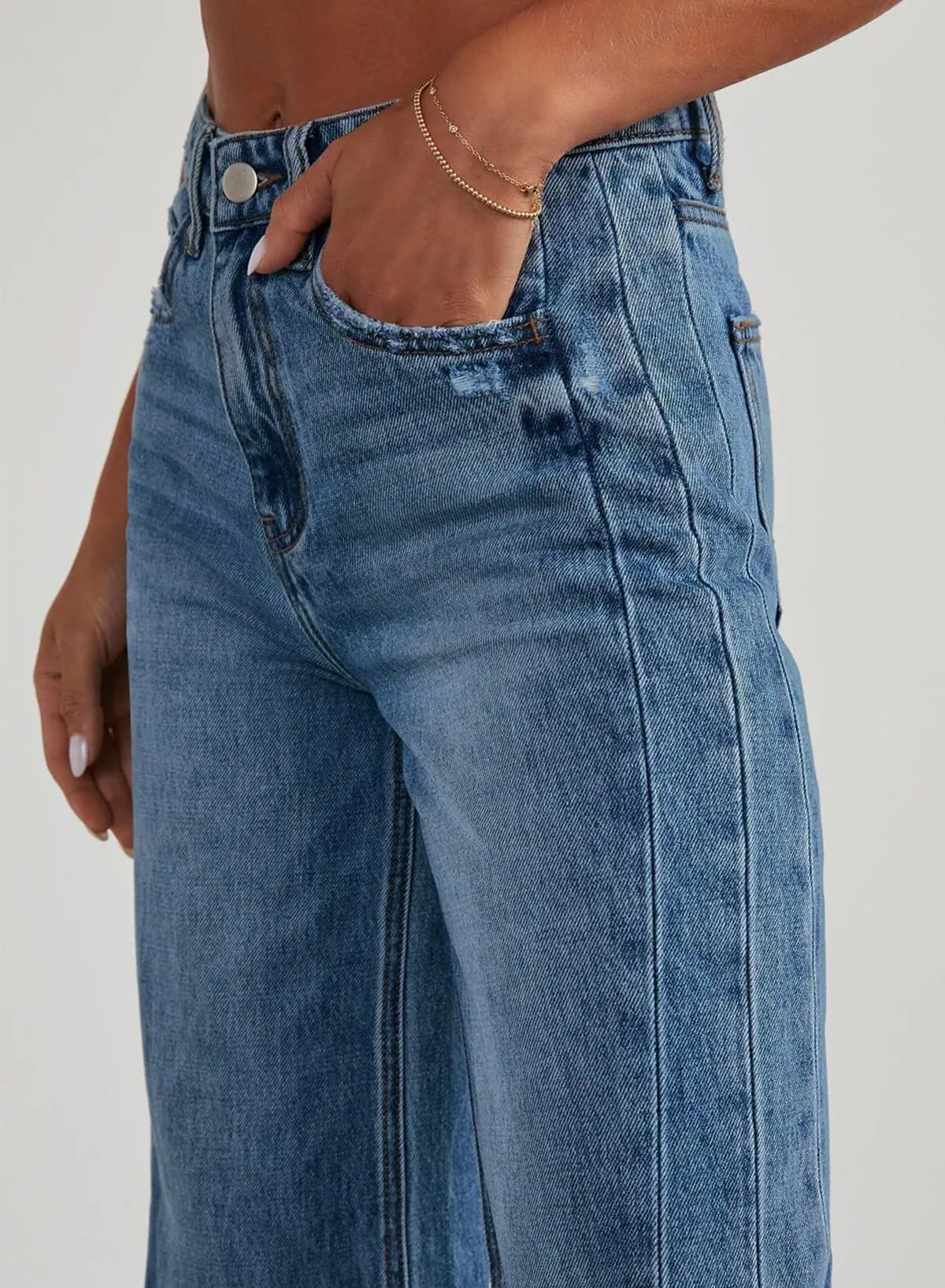 Sidefeel Women's Wide Leg Jeans High Waisted Strechy Raw Hem Denim Pants