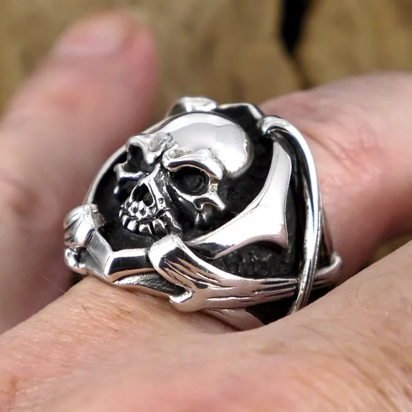 Sterling Silver Biker Skull And Bones Ring