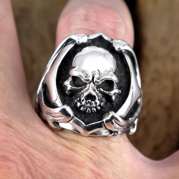 Sterling Silver Biker Skull And Bones Ring