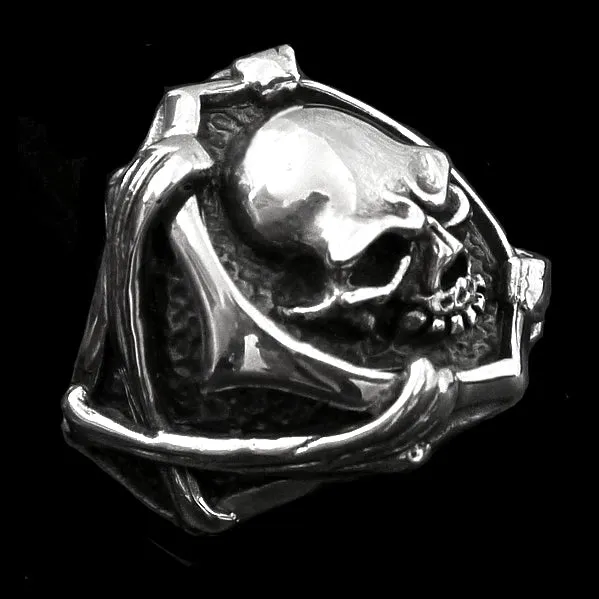 Sterling Silver Biker Skull And Bones Ring