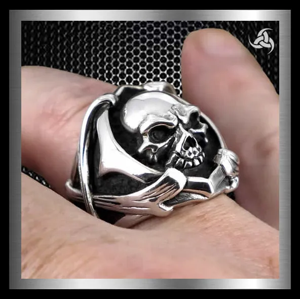Sterling Silver Biker Skull And Bones Ring
