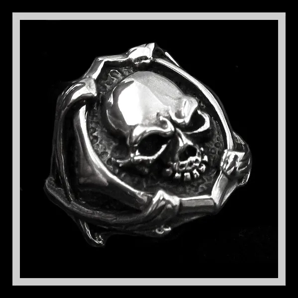 Sterling Silver Biker Skull And Bones Ring