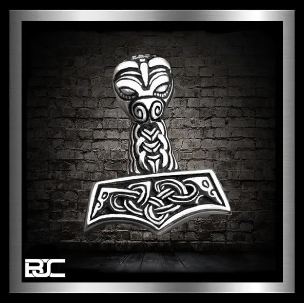 Sterling Silver Viking Norse Dragon Thors Hammer Pendant