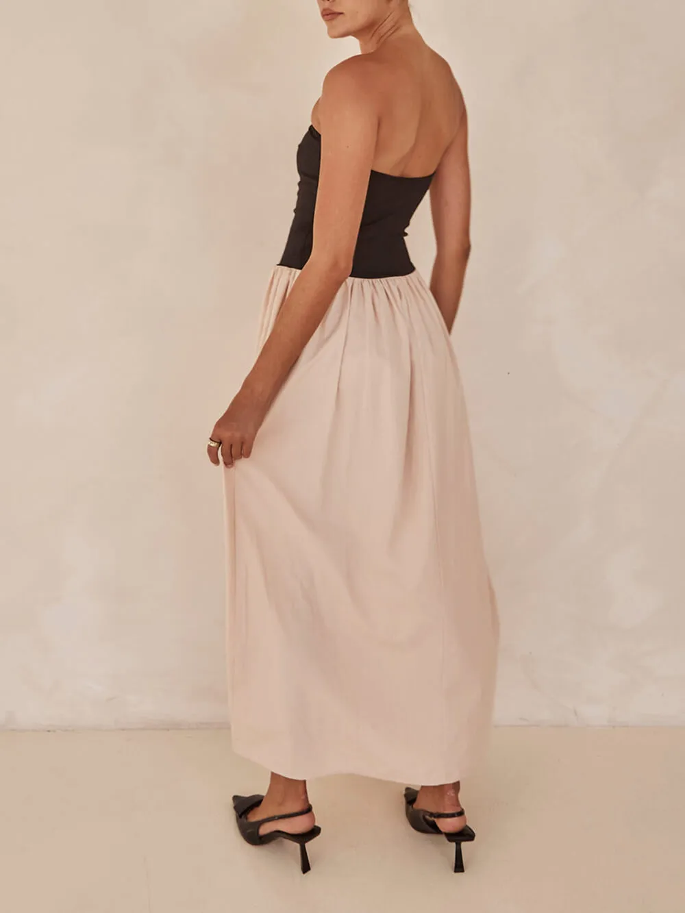 Strapless Black And Charming Sand Paneled Maxi Dress