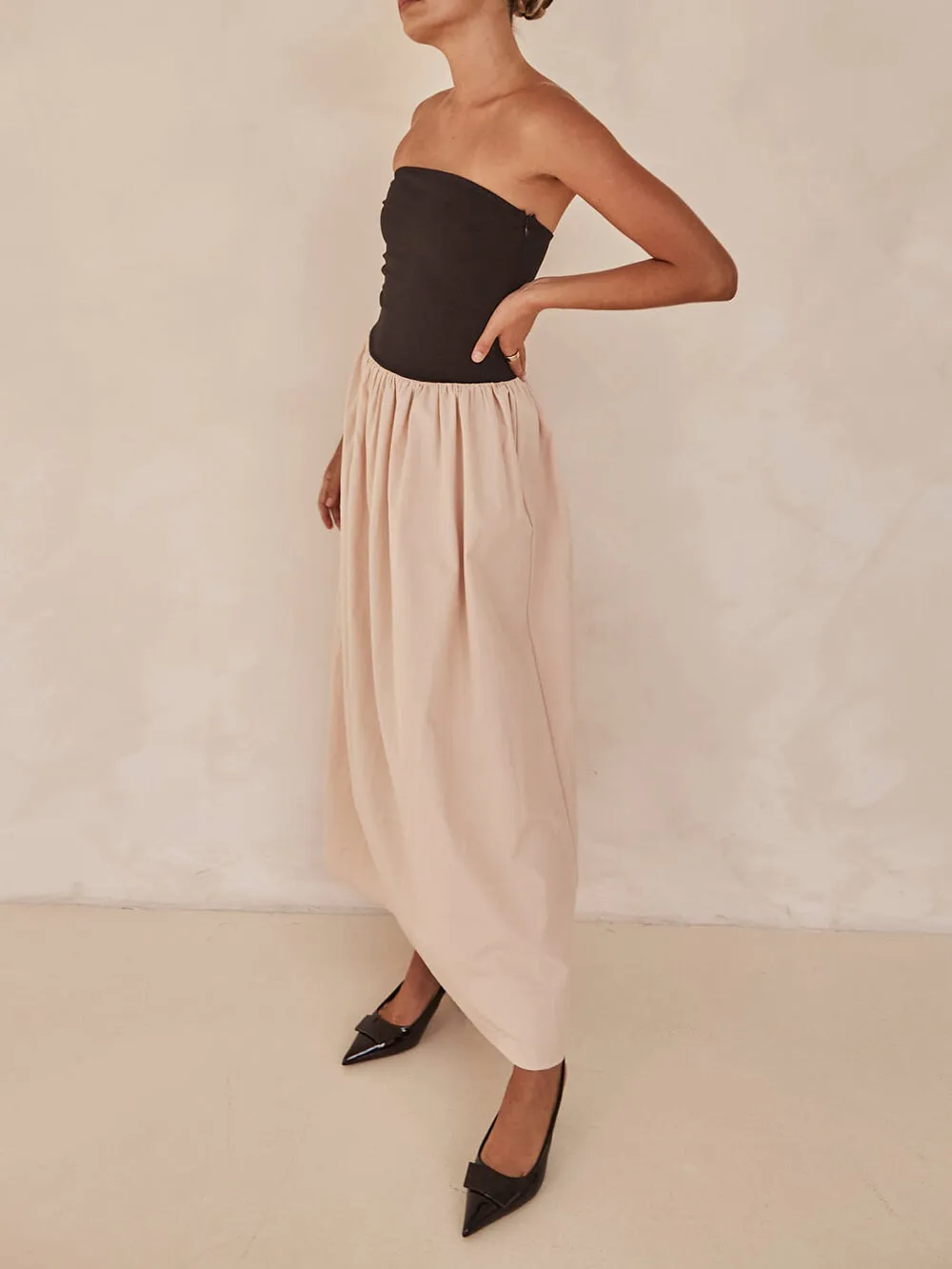 Strapless Black And Charming Sand Paneled Maxi Dress