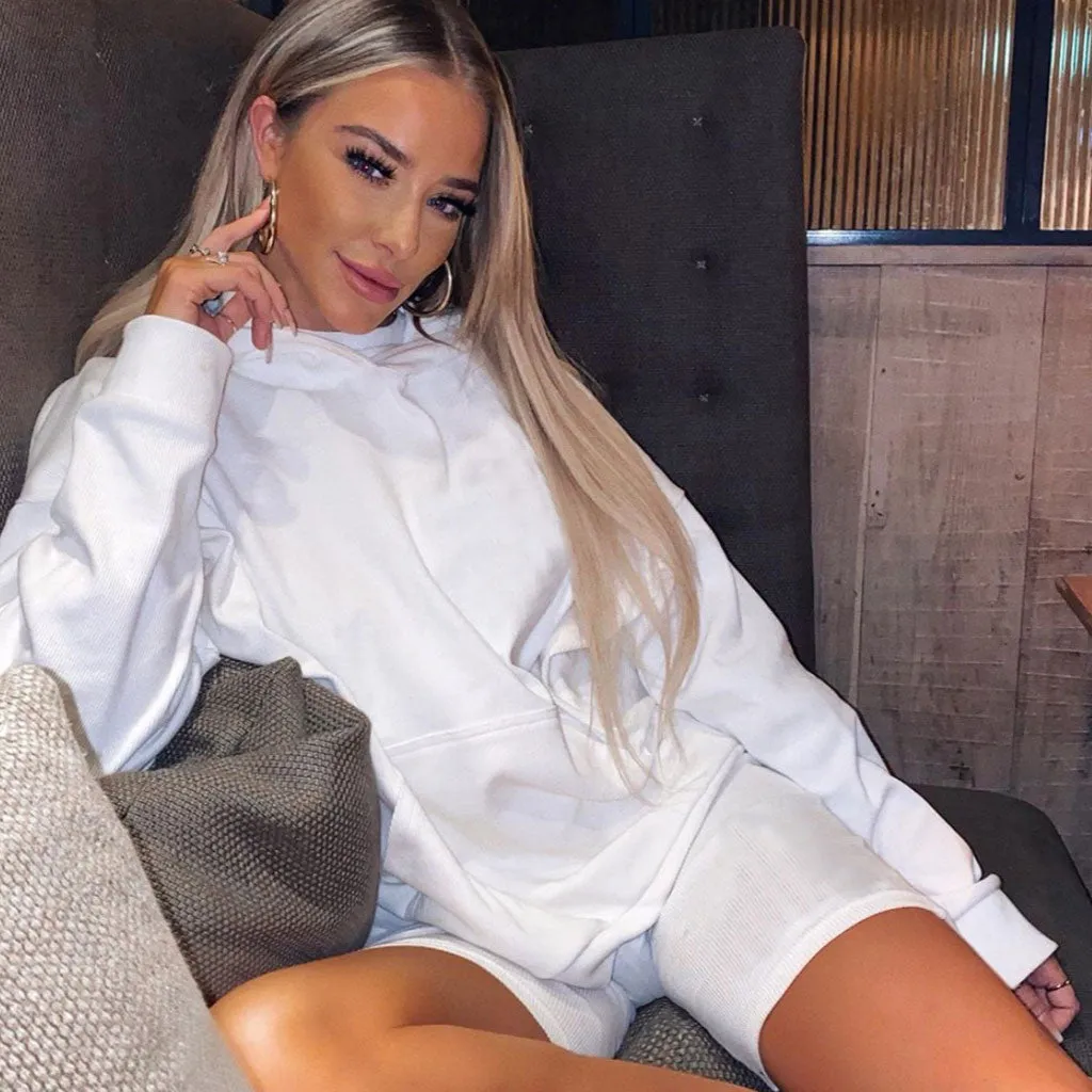 Style Hooded Sweatshirt Biker Short Matching Set - White