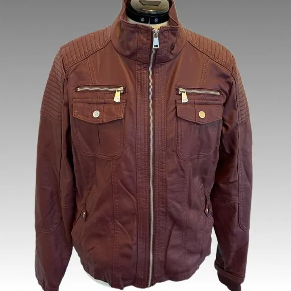 YMI Collection Faux Leather Fur Lined Red Wine Burgundy Moto Biker Jacket L NWOT