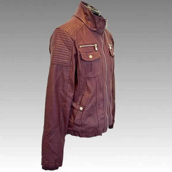 YMI Collection Faux Leather Fur Lined Red Wine Burgundy Moto Biker Jacket L NWOT