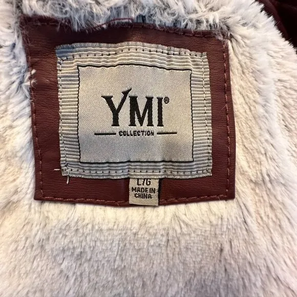YMI Collection Faux Leather Fur Lined Red Wine Burgundy Moto Biker Jacket L NWOT